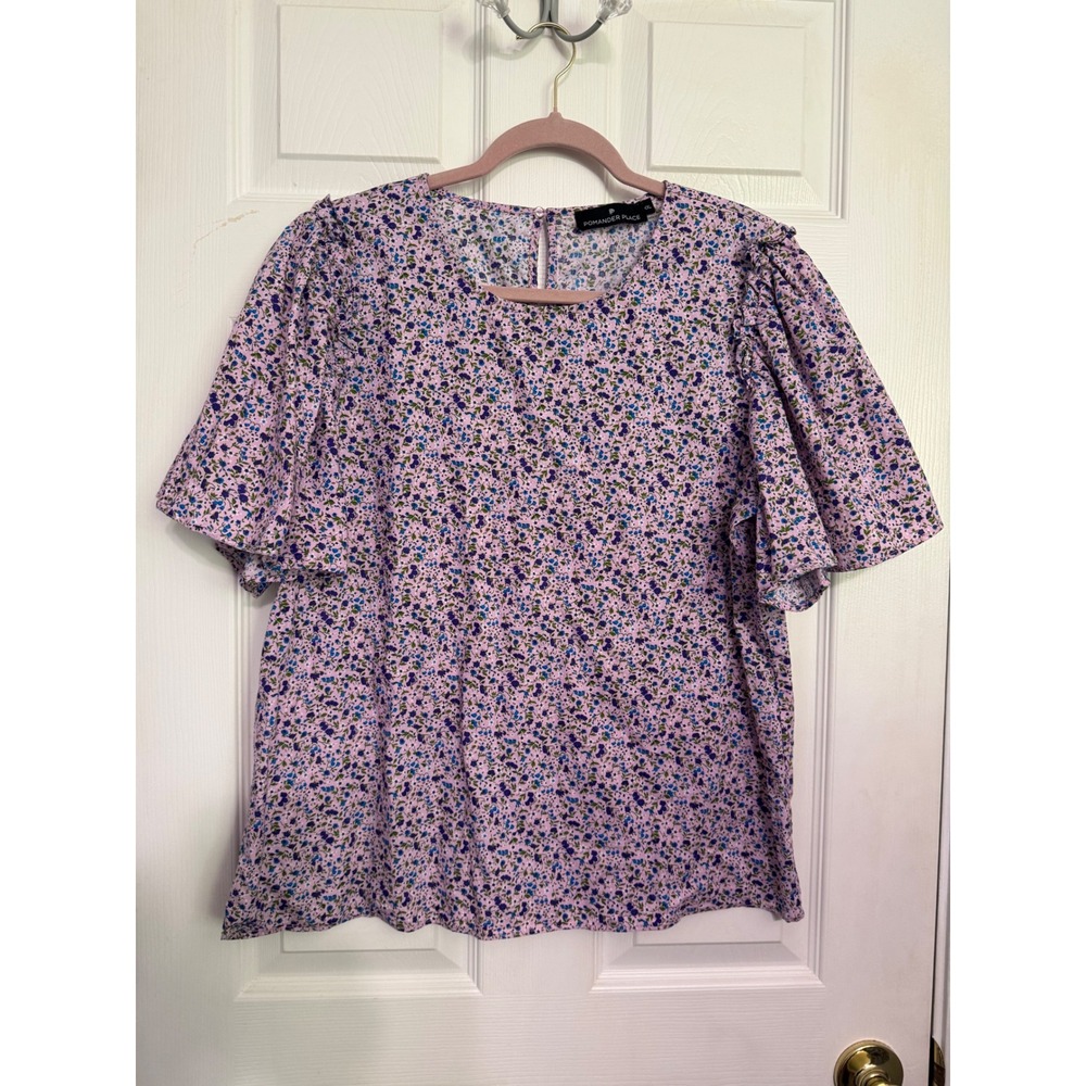 Tuckernuck Pomander Place purple ditsy floral Flutter Sleeve Cotton Blouse XXL